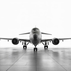 Obraz premium A small white passenger airplane is standing right on the floor in a hangar. Realistic photo template about flying transportation