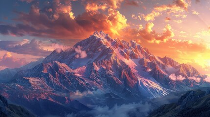 A majestic snow-capped mountain peak bathed in the warm glow of a vibrant sunset.