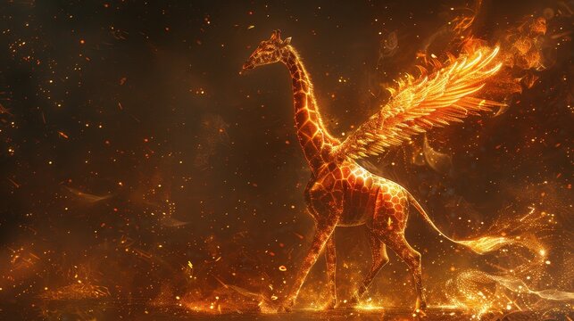 A majestic giraffe with fiery wings and tail, radiating heat and light, standing amidst burning embers.