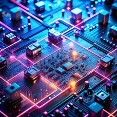 Fototapeta premium Neon Circuitry Digital Landscape, 3D, Abstract, Neon Lights, Technology, Cyberpunk, Circuit Board
