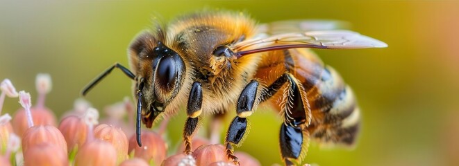 Fototapeta premium A big honey bee collecting pollen from a flower. For Leavlet art, poster design, website, and media decor. Commercial use, 300 dpi