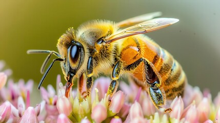 Naklejka premium Illustration of a Honeybee collecting nectar from a pink flower. for Education, design, website, and media decor. Commercial use, 300 dpi