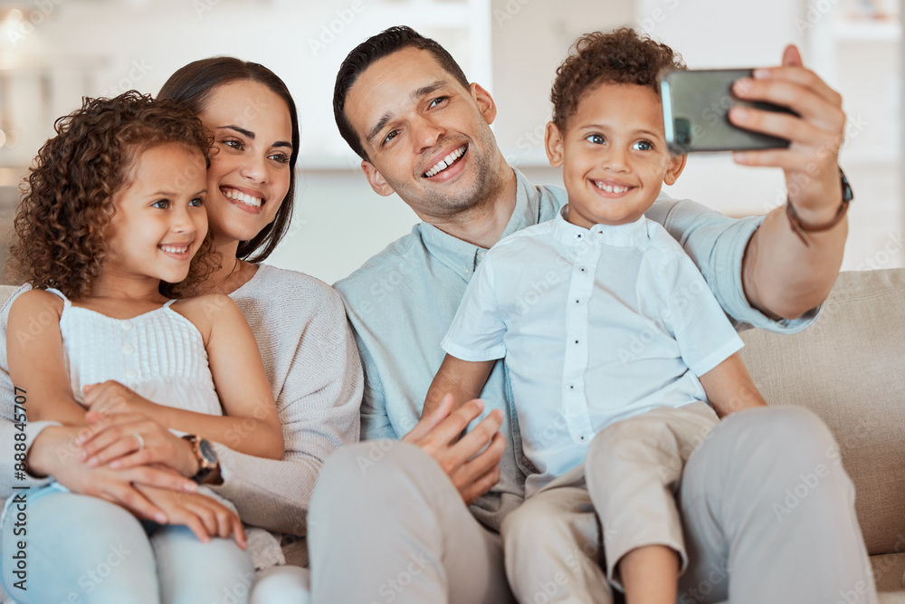 Sticker Parents, happy family and selfie of kids in home together for care, love and bonding. Picture, mother and father with children on sofa in living room for memory, social media and relax with siblings