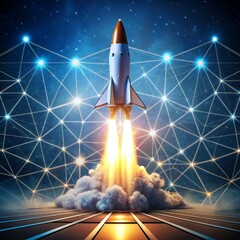 Fototapeta premium Rocket Launch Through Network Connection, 3D Render, Spacecraft, Network, Technology