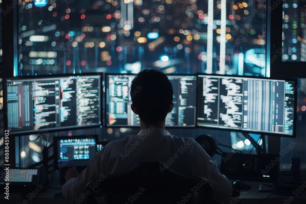 Leinwandbilder male programmer working on multiple computers with a cityscape view at night