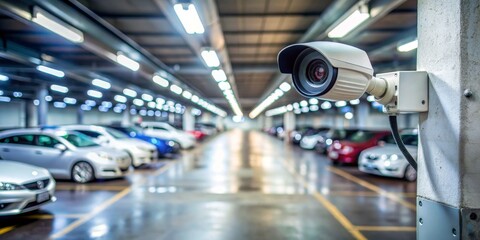 Security Camera in a Parking Garage, Blurry Cars, White Dome Camera, Concrete Pillar, Surveillance, CCTV, Parking Lot