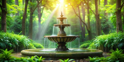 Serene Stone Fountain Amidst Lush Greenery, Stone, Water, Fountain, Nature