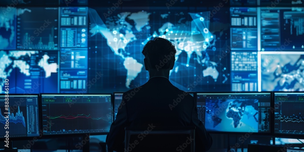 Poster Man in dark suit sits at desk surrounded by glowing computer screens displaying world map charts and data