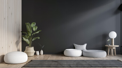 Serene property interiors with minimal furniture and relaxing arrangements together with day lighting. Residential Real Estate interiors with oriental vibes.