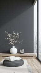 Serene property interiors with minimal furniture and relaxing arrangements together with day lighting. Residential Real Estate interiors with oriental vibes.