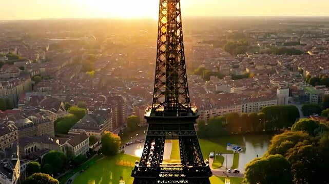 The Eiffel Tower is lit up in the evening sun. The city below is bustling with activity, Aerial photography