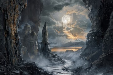 Mystical moonlit mountain landscape with a frozen river