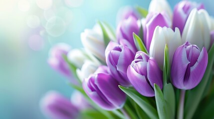 Fototapeta premium Stunning closeup of white and purple flower bud on blue background. Soft petal texture for a beautiful greeting card.