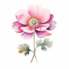 Fototapeta premium Watercolor Painting of a Pink Flower with Green Leaves.