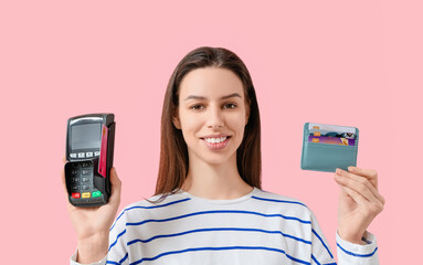 Woman with credit card holder and payment terminal on pink background