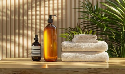 Obraz premium Photo of liquid soap bottle with towels mockup, Generative AI