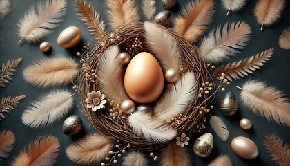 Naklejka premium Golden Egg in Nest Surrounded by Feathers
