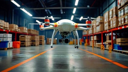 A white drone is flying in a warehouse. - Powered by Adobe