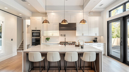 A modern kitchen with sleek white cabinets, a large island, and high-end fixtures, bathed in natural light