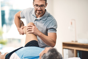 Leg pain, physiotherapy and man with person stretching for wellness, medical service and...