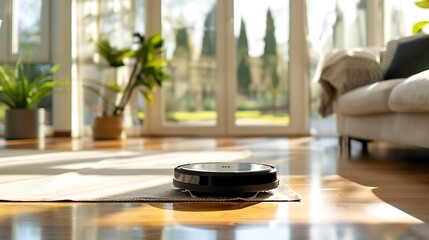 Fototapeta premium In a bright living room a modern robots vacuum is placed on the floor to remove dust