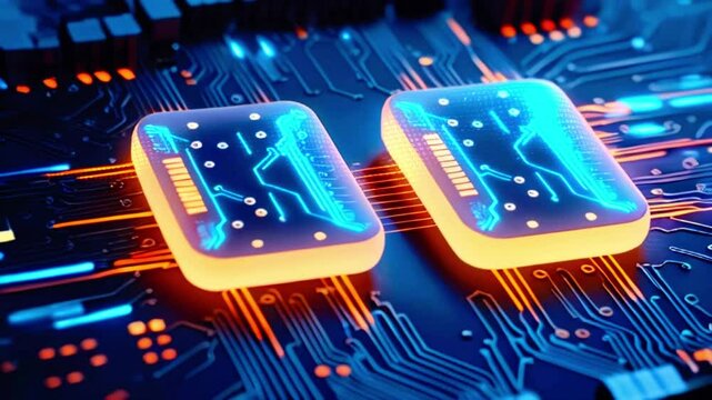 An illustration of two orange and yellow computer chips on a blue circuit board with glowing blue lines.