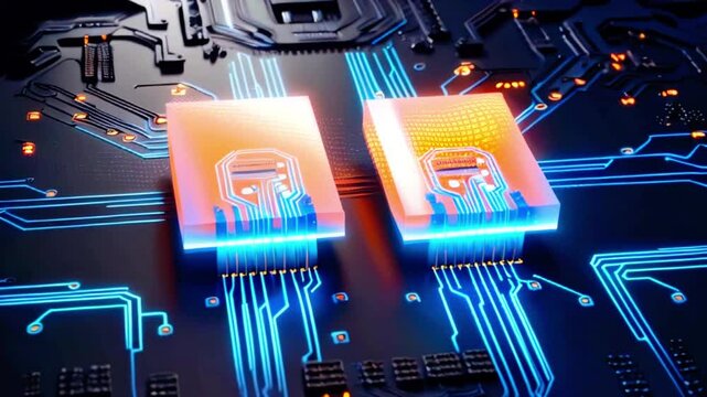 Two glowing orange and yellow computer chips on a circuit board with blue glowing lines.