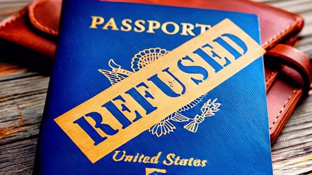 A blue passport with the word "REFUSED" stamped across it in orange letters.