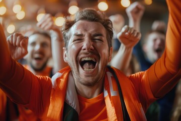 Lively sports event scene fans cheering passionately, wearing team jerseys, scarves. Blurred crowd of spectators adds to festive atmosphere, high-energy medium shot. Warm indoor highlights group