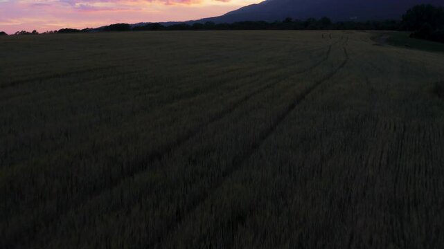 Drone shot of Sunset in Gerlachov village agricultural field with mountain range in background in Tatransky region, High Tatras, Gerlachovsky stit mountain.