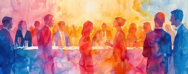 Business networking, lively networking mixer, vibrant setting, Watercolor style