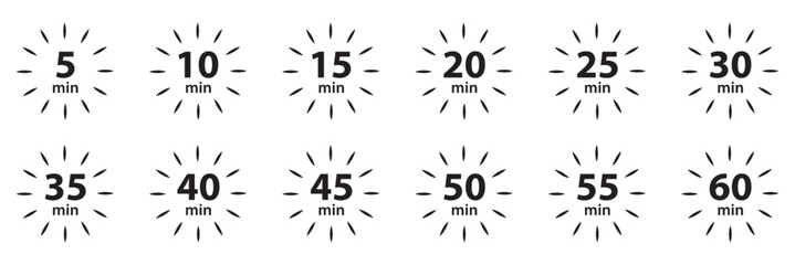 10, 15, 20, 25, 30, 35, 40, 45, 50 min, Timer, clock, stopwatch isolated set icons. Great design for any purposes.  Timer  logo. vector illustration .EPS 10