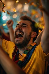 Fototapeta premium Caucasian man celebrates passionately at home surrounded by colorful confetti and a festive atmosphere, wearing a yellow jersey and team scarf, with arms raised high in excitement.