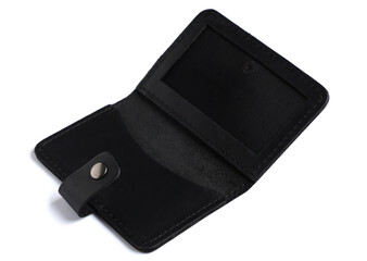 Black credit card holder on white background, closeup