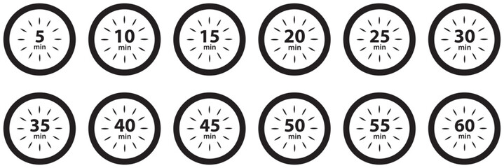 10, 15, 20, 25, 30, 35, 40, 45, 50 min, Timer, clock, stopwatch isolated set icons. Great design for any purposes.  Timer  logo. vector illustration .EPS 10