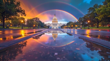 Obraz premium Picturesque reflection of the United States Capitol Building with a vivid rainbow after a rain shower