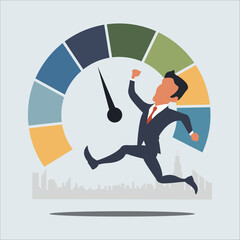 a happy businessman in a suit runs towards the center of a stylized pie chart target, cityscape silhouette in the background. vector art, customer satisfaction with mete