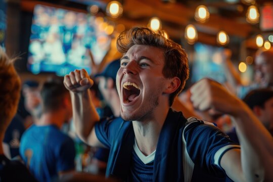 Vibrant bar scene excitement of sports event. Red-haired man in blue shirt, jersey raises arms in triumph as cheers with friends, strangers alike, faces illuminated by warm.