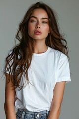 Obraz premium White tshirt mockup on woman model created with Generative AI