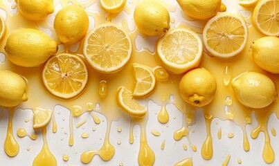 Fresh lemon juice dripping with lemon fruits levitate isolated on white background, Generative AI