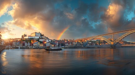 Obraz premium Picturesque Panorama of Porto Portugal with Vibrant Rainbow over Douro River