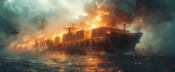 In a disturbing maritime disaster, a massive container ship is consumed by an intense blaze, painting a sinister picture over the seemingly peaceful ocean.