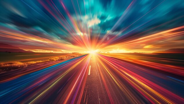 Colorful light trails on a country road at sunset