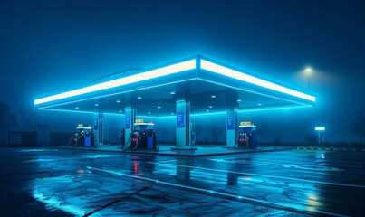 A futuristic gas station illuminated by vibrant blue lights at night, Generative AI