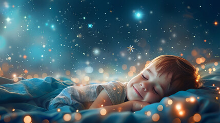 A young boy is sleeping in a bed with a starry sky above him. The scene is peaceful and calming, with the boy's smile indicating that he is happy and content