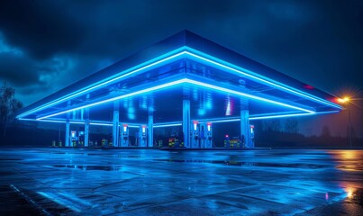 A futuristic gas station illuminated by vibrant blue lights at night, Generative AI
