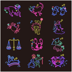 可愛いポップな12星座ネオンサインのイラストセット。Cute and pop illustration set of 12 zodiac neon signs.