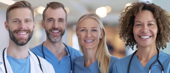 Fototapeta premium A group of doctors, clad in light blue shirts, stand before a pristine white backdrop