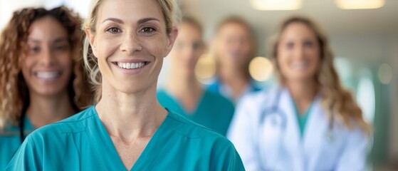 Fototapeta premium A line of women in scrubs; one smiles, another gazes at the camera