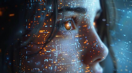 A woman's eye is illuminated by a digital display of data. The eye glows with orange and blue lights, suggesting a connection to technology